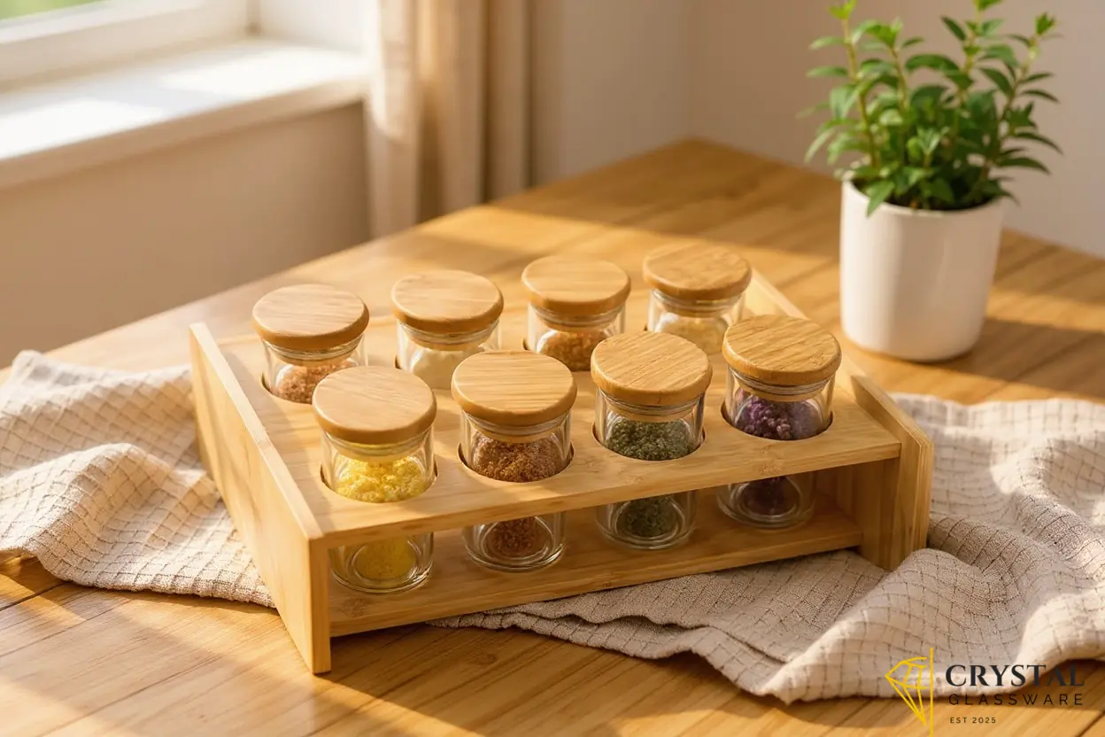 Spice rack set 8 glass jars with matching airtight bamboo lids